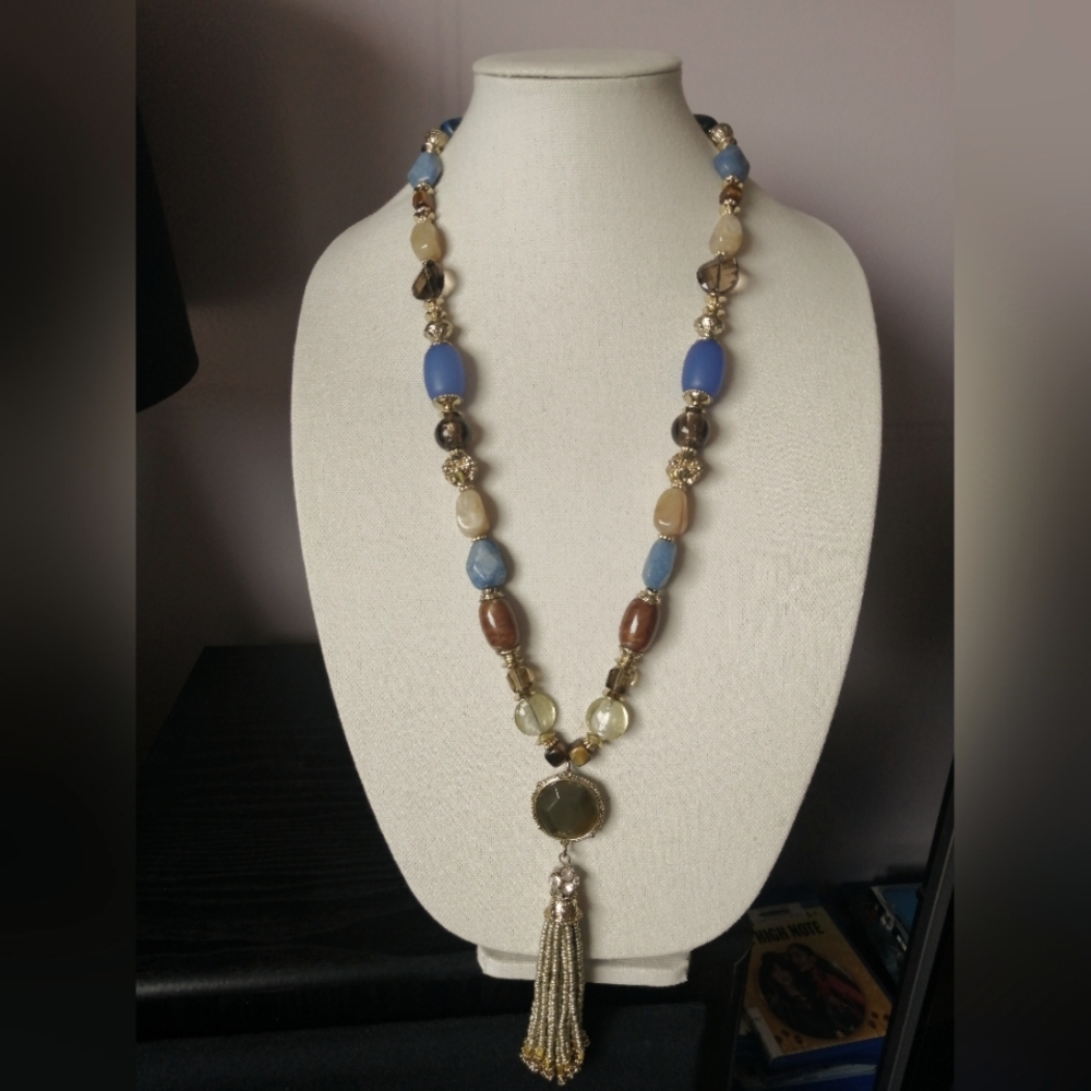 Chico's Necklace Multi-Coloured Beads Gold Tassel Bohemian Statement